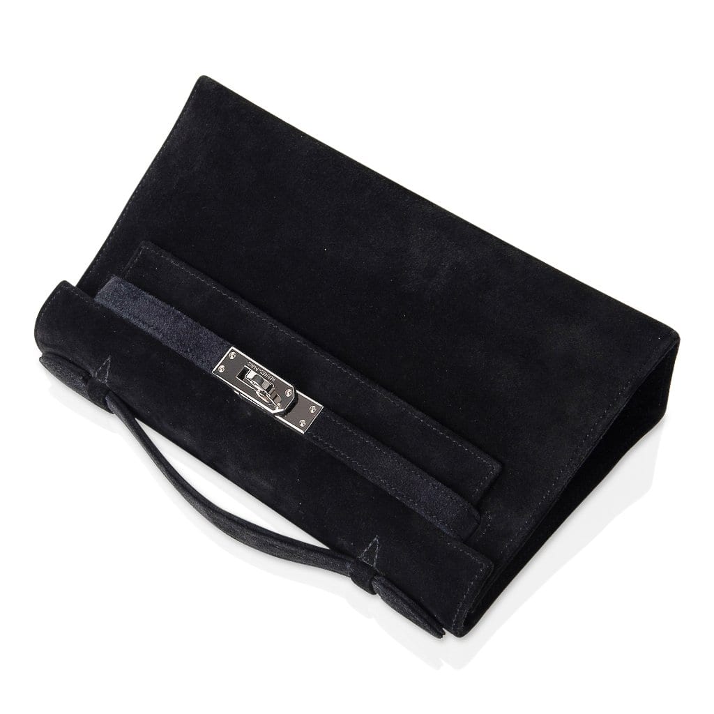 👜Kelly Pochette Black Doblis Suede Palladium