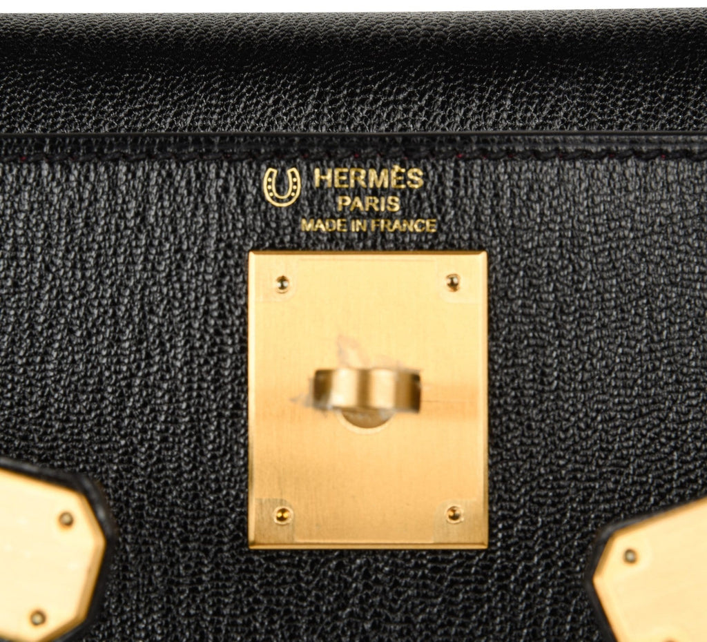 👜Kelly HSS 28 Bag Sellier Black Chevre Vermillion Interior Brushed Gold