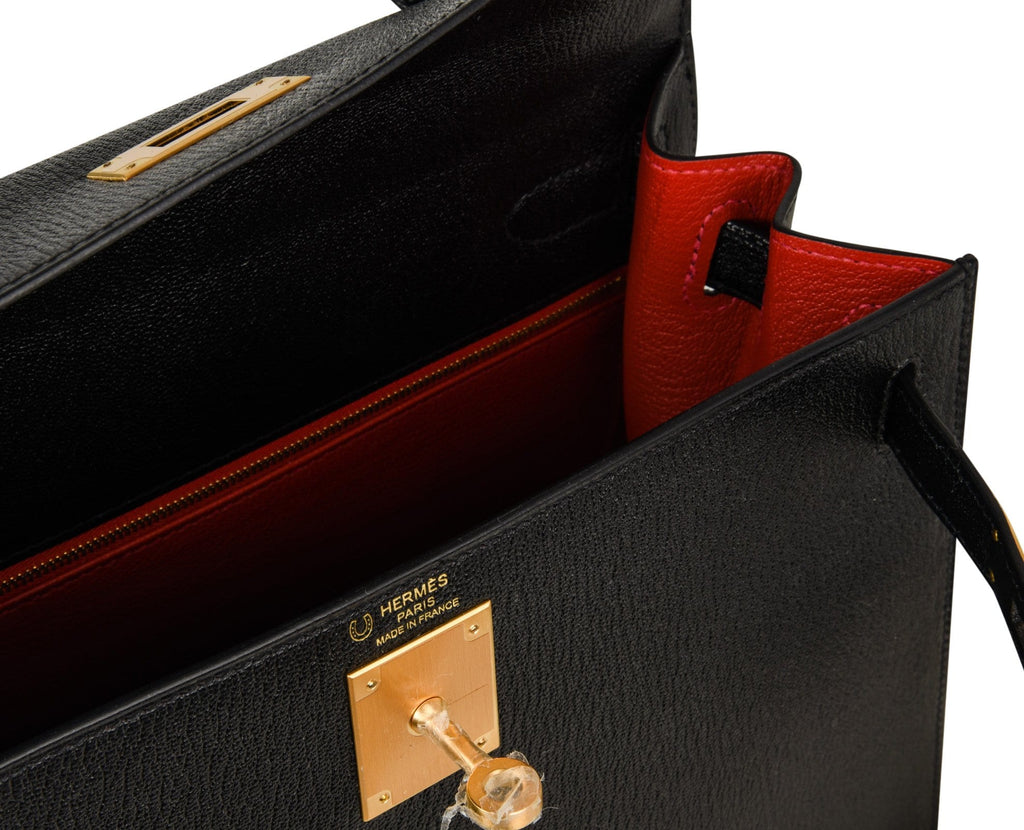👜Kelly HSS 28 Bag Sellier Black Chevre Vermillion Interior Brushed Gold