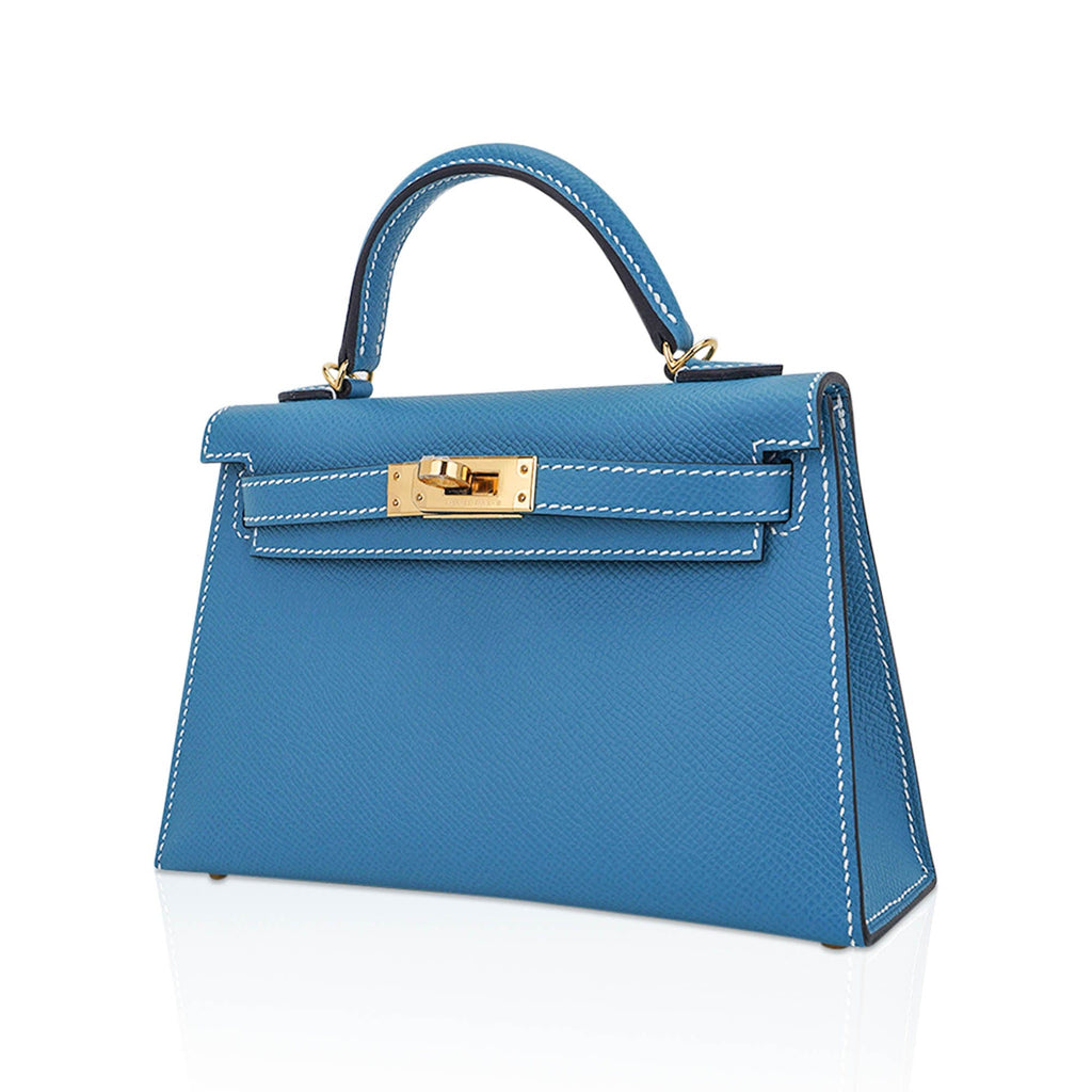 👜Mini Kelly 20 Bag Sellier New Blue Jean Epsom Leather with Gold Hardware