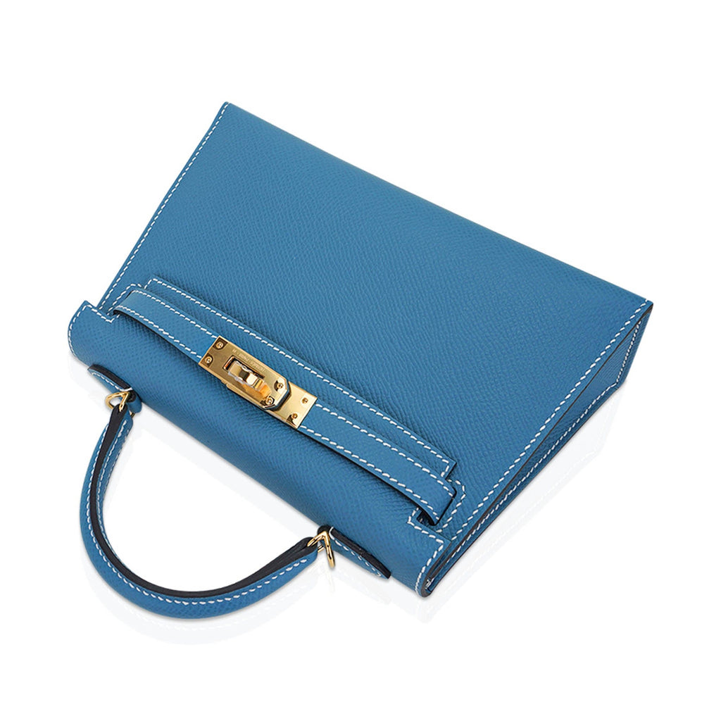 👜Mini Kelly 20 Bag Sellier New Blue Jean Epsom Leather with Gold Hardware