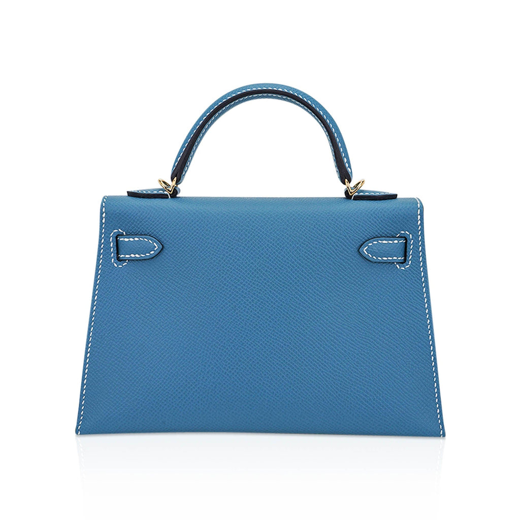 👜Mini Kelly 20 Bag Sellier New Blue Jean Epsom Leather with Gold Hardware