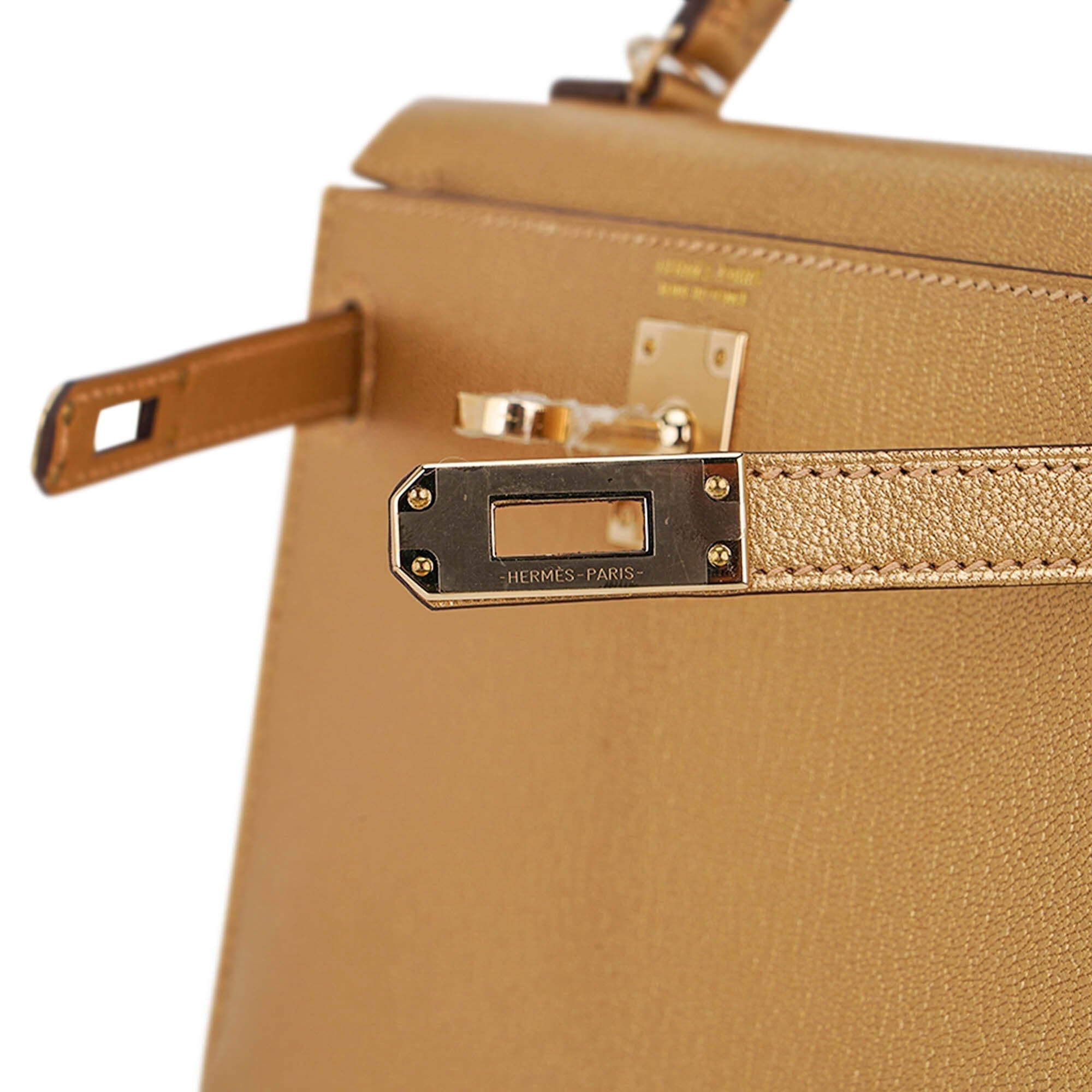 👜Kelly Sellier 20 Metallic Dore Chevre Chamkilight Permabrass Hardware