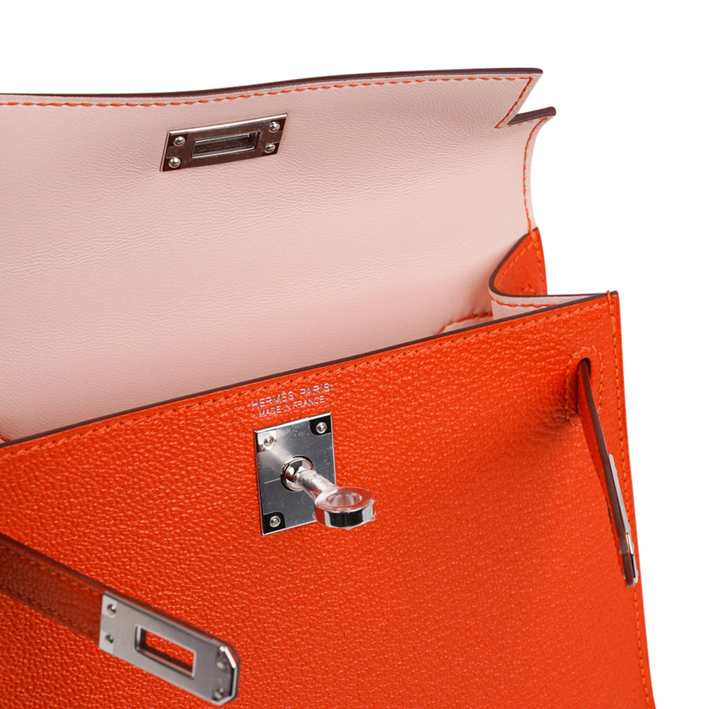 👜Kelly 20 Mini Sellier Bag Orange Feu / Rose Eglantine Chevre Bi-Color New w/Box