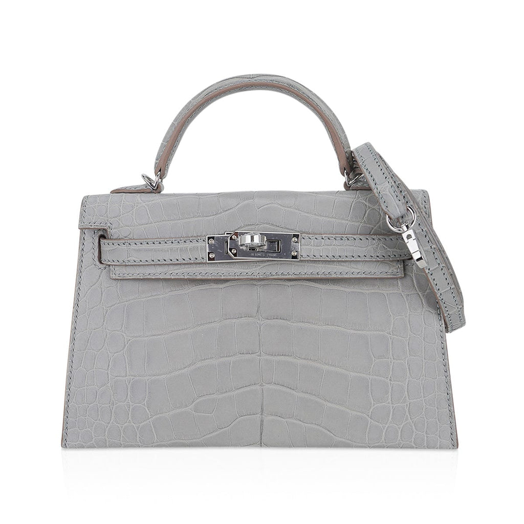 👜Limited Edition Mini Kelly 20 Sellier Matte Gris Perle Alligator Bag Palladium Hardware