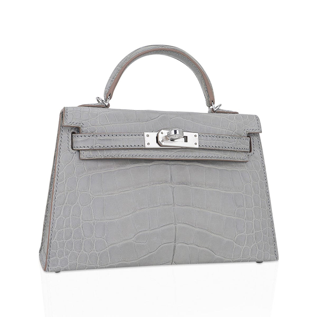 👜Limited Edition Mini Kelly 20 Sellier Matte Gris Perle Alligator Bag Palladium Hardware
