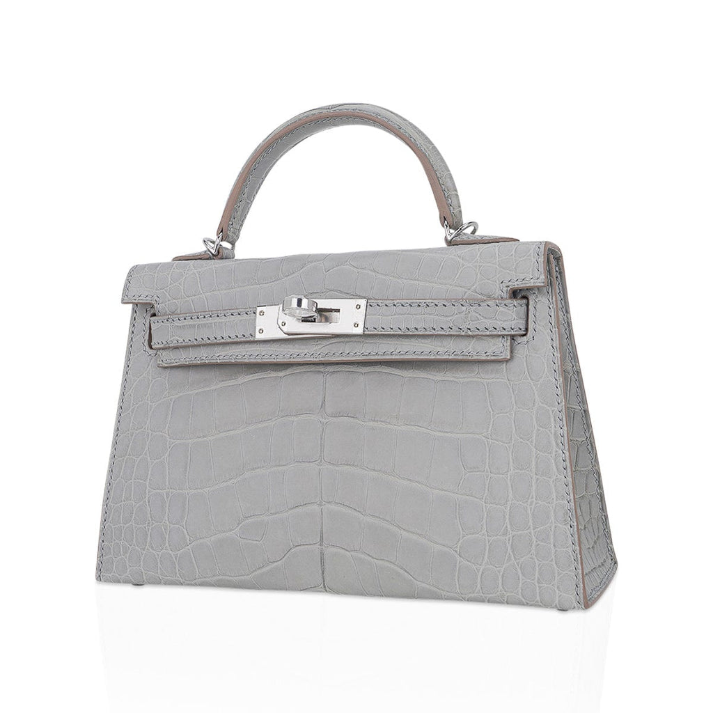 👜Limited Edition Mini Kelly 20 Sellier Matte Gris Perle Alligator Bag Palladium Hardware