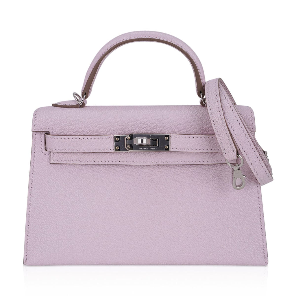 👜Mini Kelly 20 Bag Sellier Mauve Pale Chevre Leather with Palladium Hardware