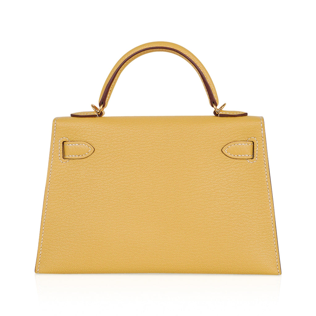 👜Mini Kelly 20 Sellier Jaune Foin Bag Chevre Gold