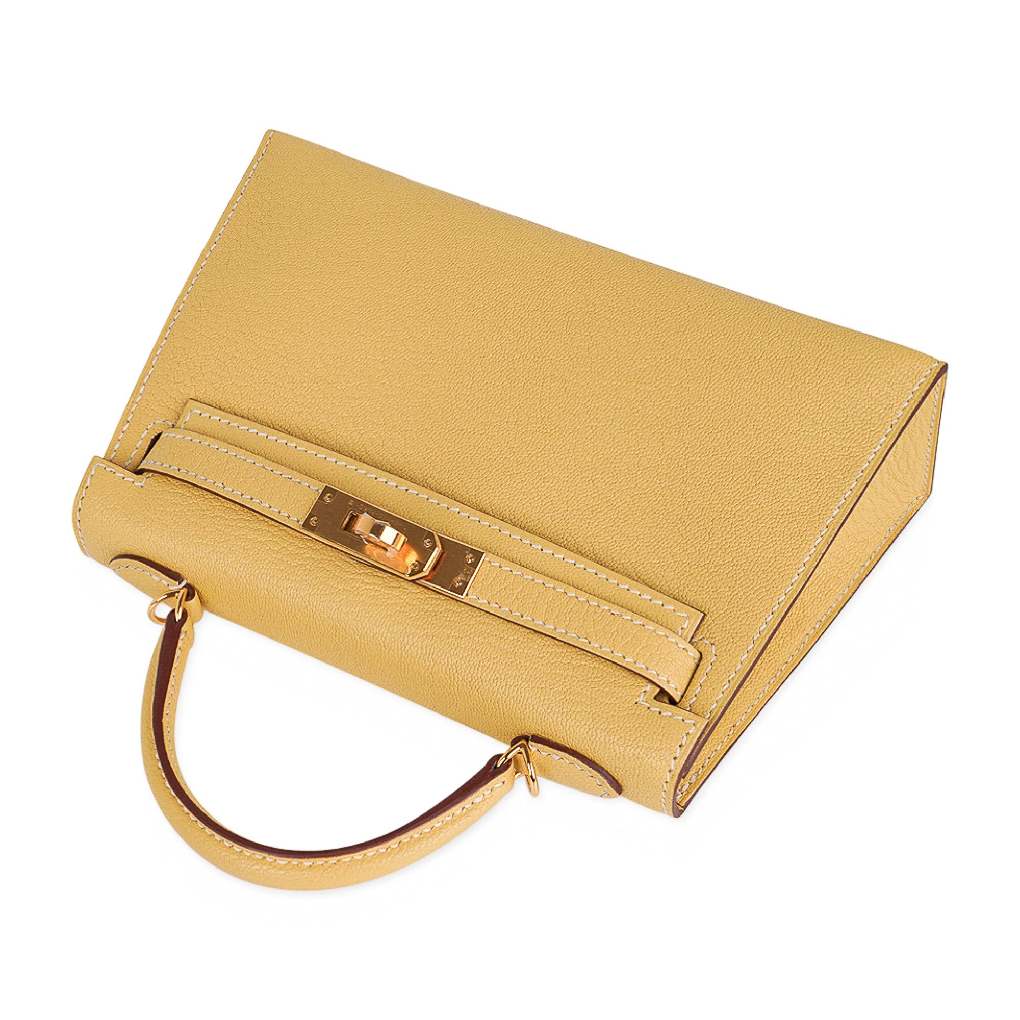 👜Mini Kelly 20 Sellier Jaune Foin Bag Chevre Gold