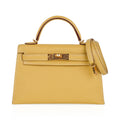 👜Mini Kelly 20 Sellier Jaune Foin Bag Chevre Gold
