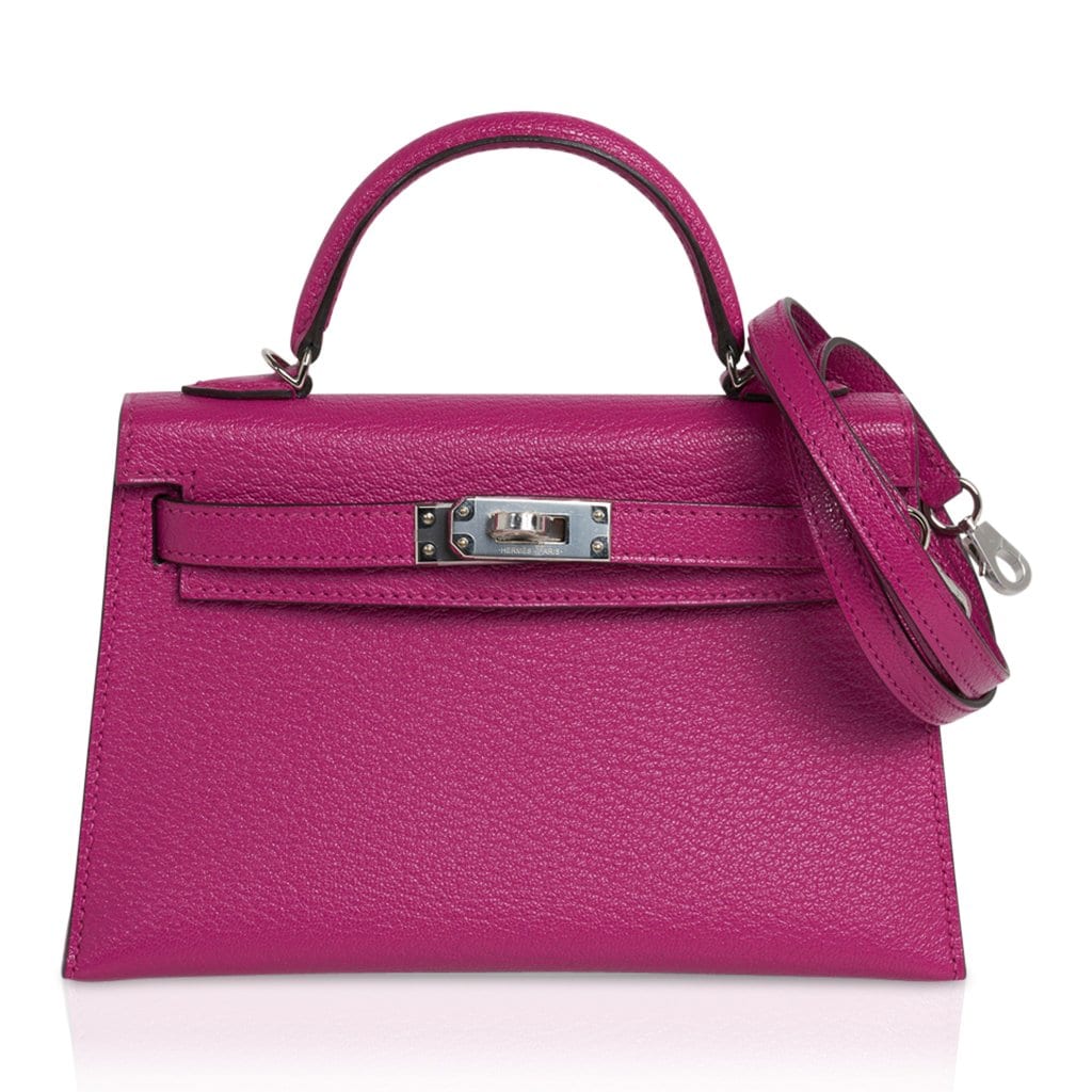👜Mini Kelly 20 Bag Sellier Rose Pourpre Chevre Leather with Palladium Hardware