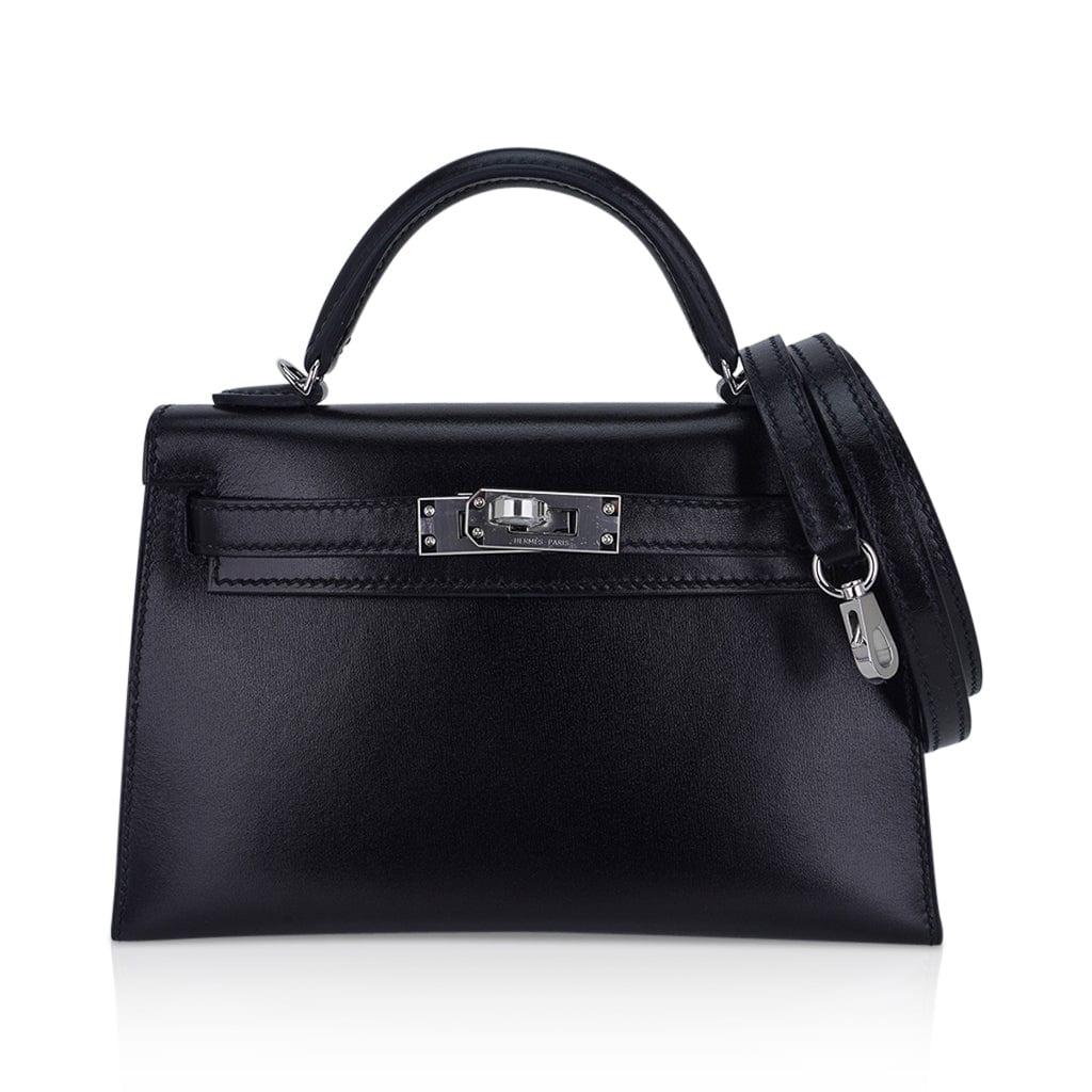 👜Kelly 20 Sellier Black Box Leather Mini Bag Palladium Hardware