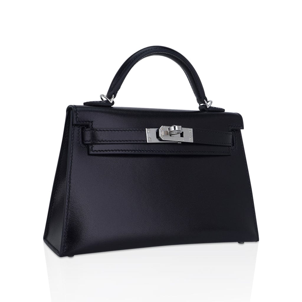 👜Kelly 20 Sellier Black Box Leather Mini Bag Palladium Hardware