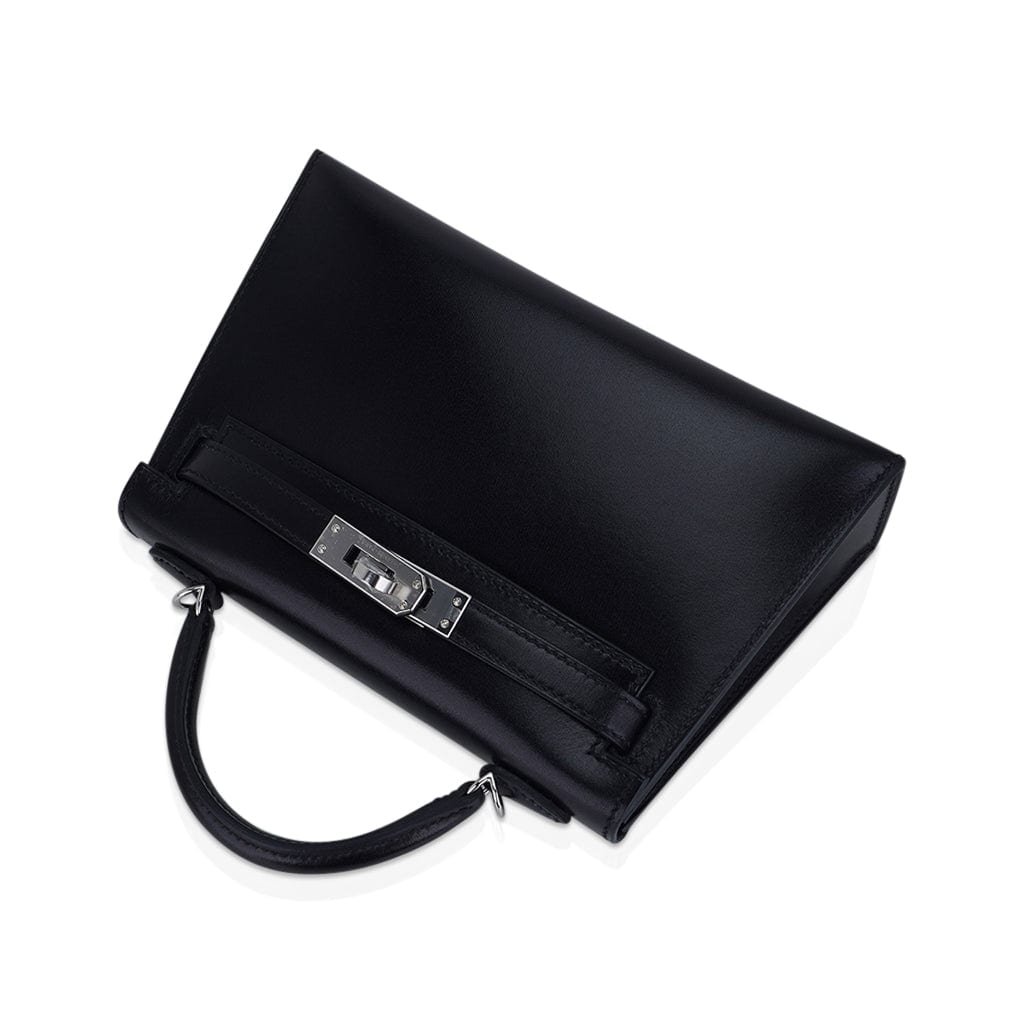 👜Kelly 20 Sellier Black Box Leather Mini Bag Palladium Hardware