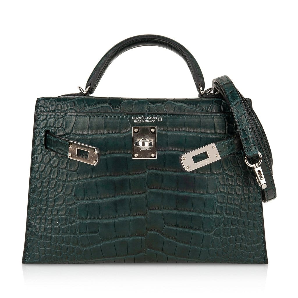 👜Kelly 20 Mini Sellier Bag Vert Cypress Matte Alligator Palladium