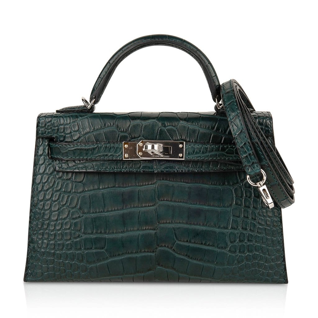 👜Kelly 20 Mini Sellier Bag Vert Cypress Matte Alligator Palladium
