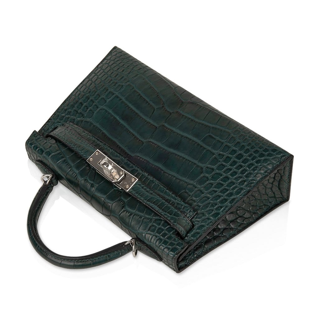 👜Kelly 20 Mini Sellier Bag Vert Cypress Matte Alligator Palladium