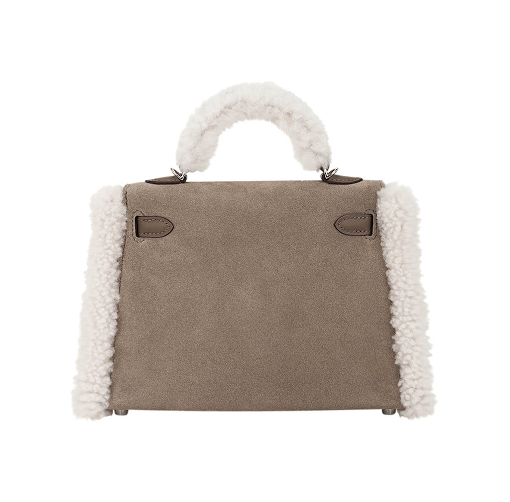 👜Kelly 20 Teddy Bag Pluch Shearling Gris Caillou Grizzly and Etoupe Swift Leather