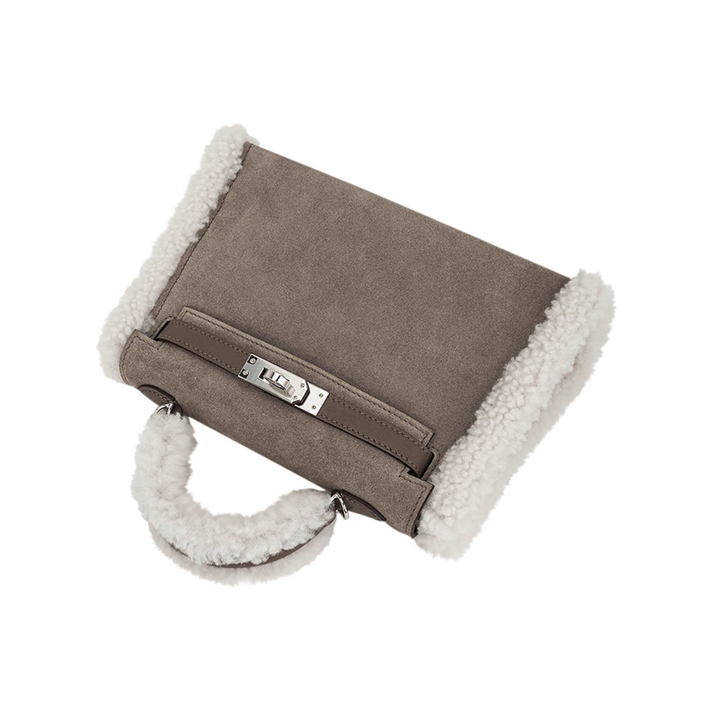 👜Kelly 20 Teddy Bag Pluch Shearling Gris Caillou Grizzly and Etoupe Swift Leather