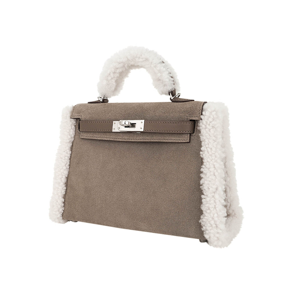 👜Kelly 20 Teddy Bag Pluch Shearling Gris Caillou Grizzly and Etoupe Swift Leather