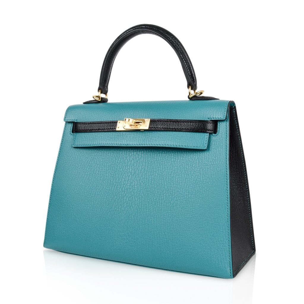 👜Kelly 25 Sellier Bag HSS Blue Paon / Black Chevre Mysore Gold Hardware