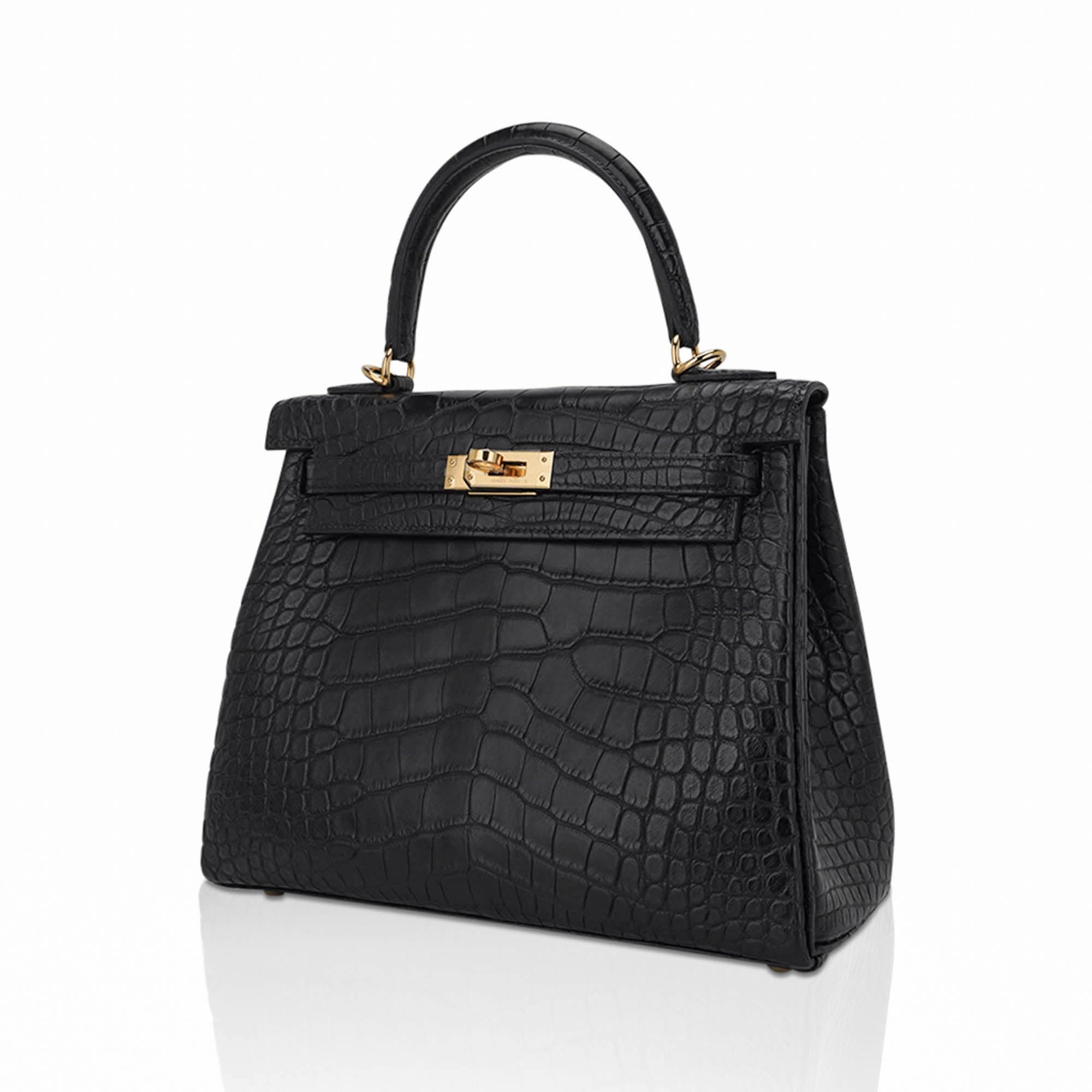 👜Kelly 25 Retourne Bag Black Matte Alligator with Gold Hardware