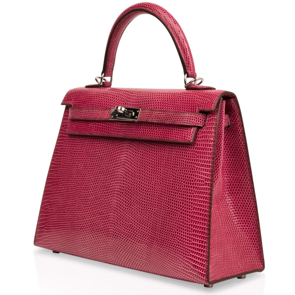 👜Kelly 25 Sellier Bag Fuschia Lizard with Palladium Hardware