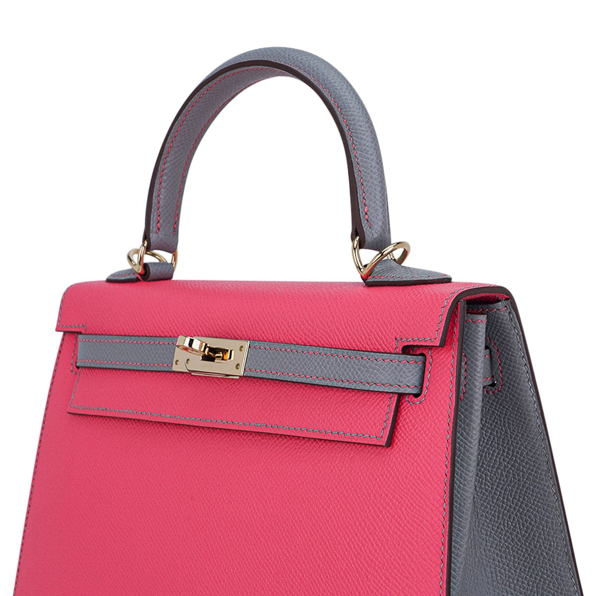 👜Kelly Sellier 25 HSS Bag Rose Azalee/Gris Mouette Leather Permabrass