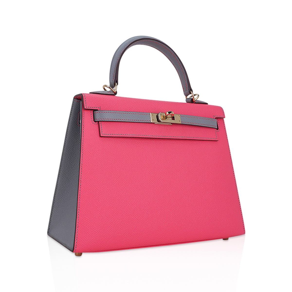 👜Kelly Sellier 25 HSS Bag Rose Azalee/Gris Mouette Leather Permabrass