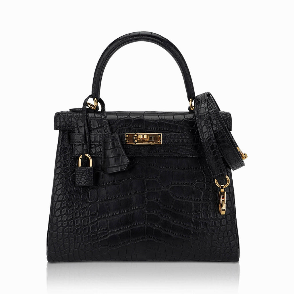 👜Kelly 25 Retourne Bag Black Matte Alligator with Gold Hardware