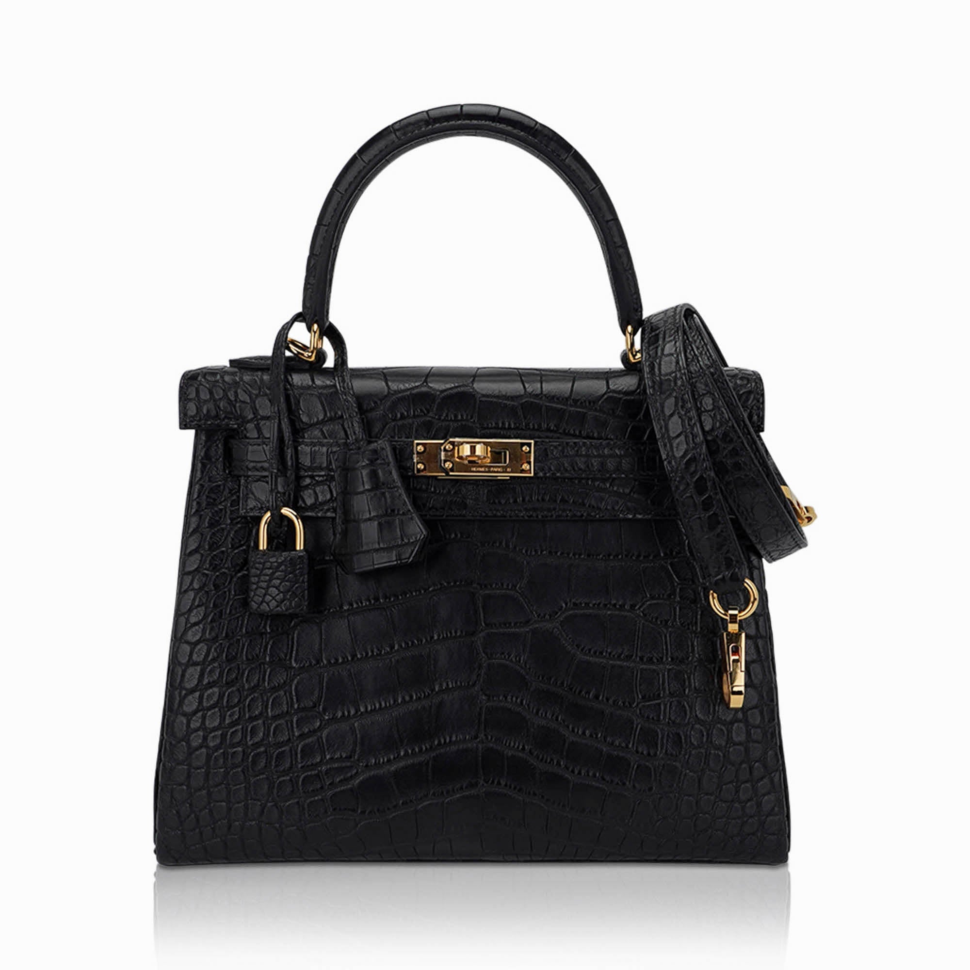 👜Kelly 25 Retourne Bag Black Matte Alligator with Gold Hardware