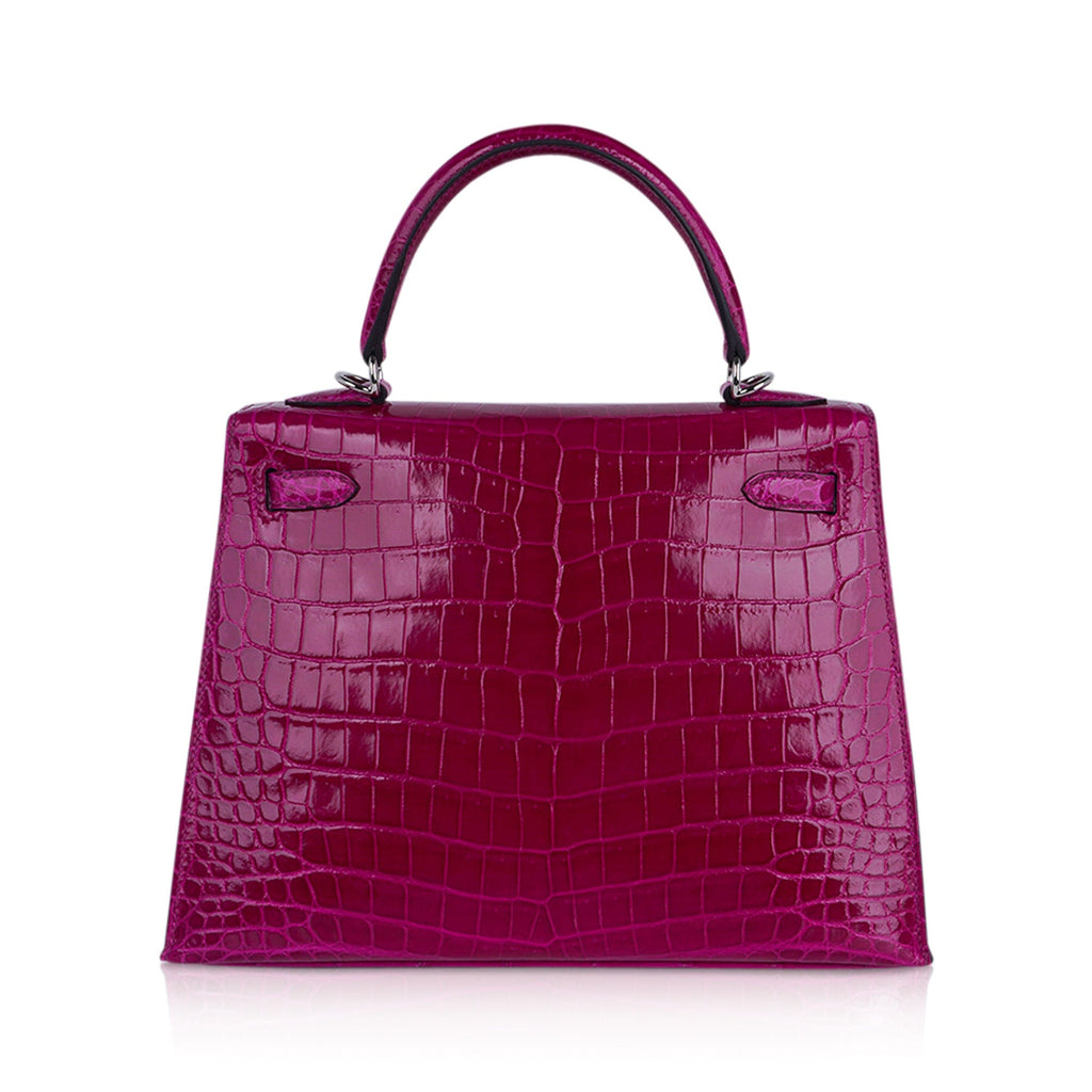 👜Kelly 25 Sellier Bag Rose Pourpre Crocodile with Palladium Hardware
