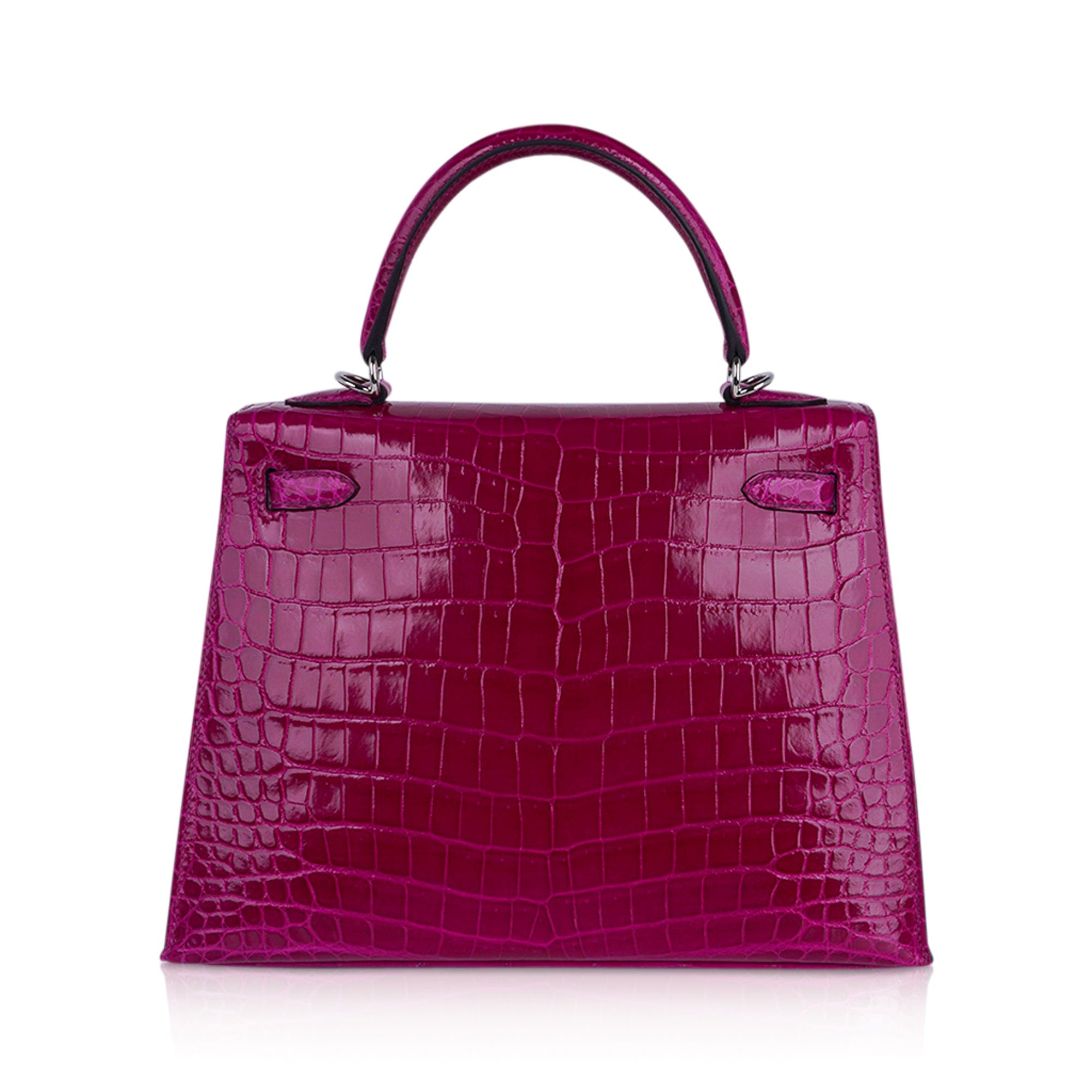 👜Kelly 25 Sellier Bag Rose Pourpre Crocodile with Palladium Hardware