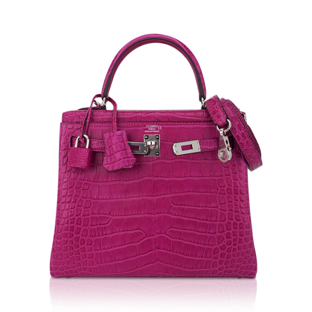 👜Kelly 25 Retourne Bag Rose Scheherazade Matte Alligator with Palladium Hardware