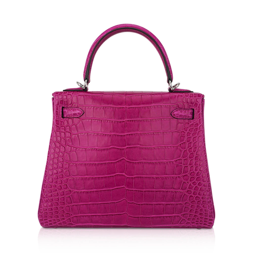 👜Kelly 25 Retourne Bag Rose Scheherazade Matte Alligator with Palladium Hardware