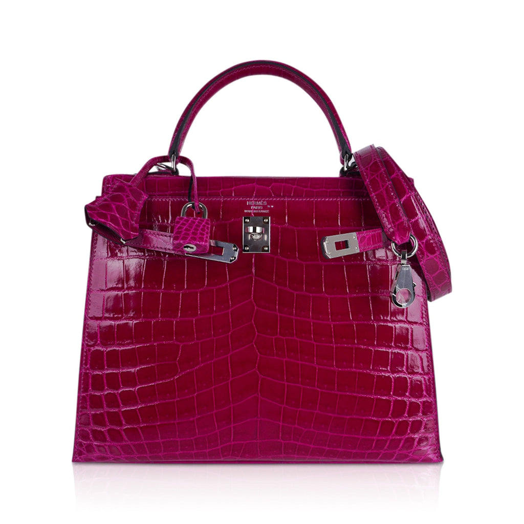 👜Kelly 25 Sellier Bag Rose Pourpre Crocodile with Palladium Hardware