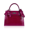 👜Kelly 25 Sellier Bag Rose Pourpre Crocodile with Palladium Hardware