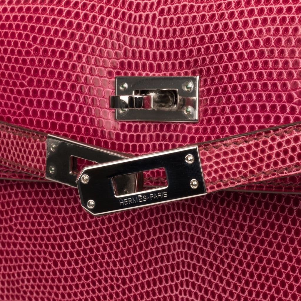👜Kelly 25 Sellier Bag Fuschia Lizard with Palladium Hardware