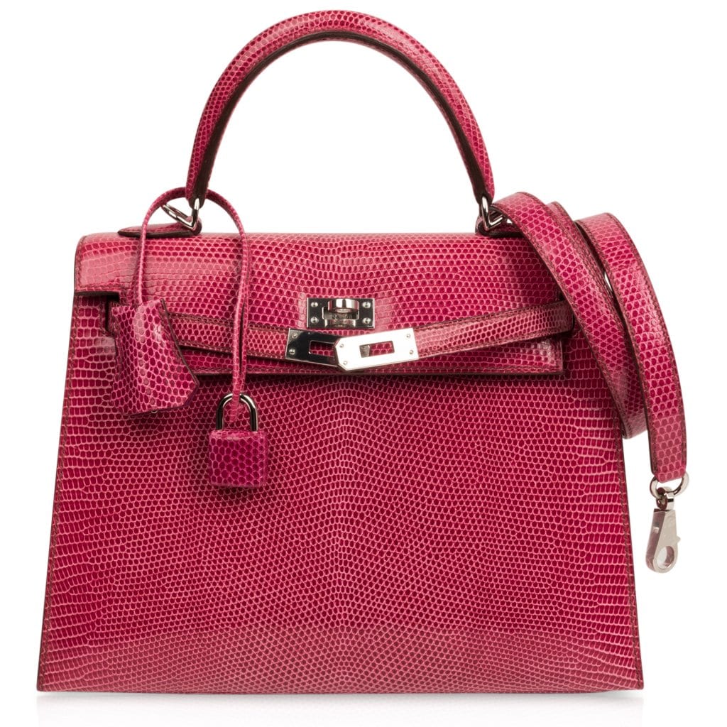 👜Kelly 25 Sellier Bag Fuschia Lizard with Palladium Hardware