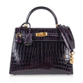 👜Kelly 25 Bag Sellier Crocodile Prunoir Gold Hardware