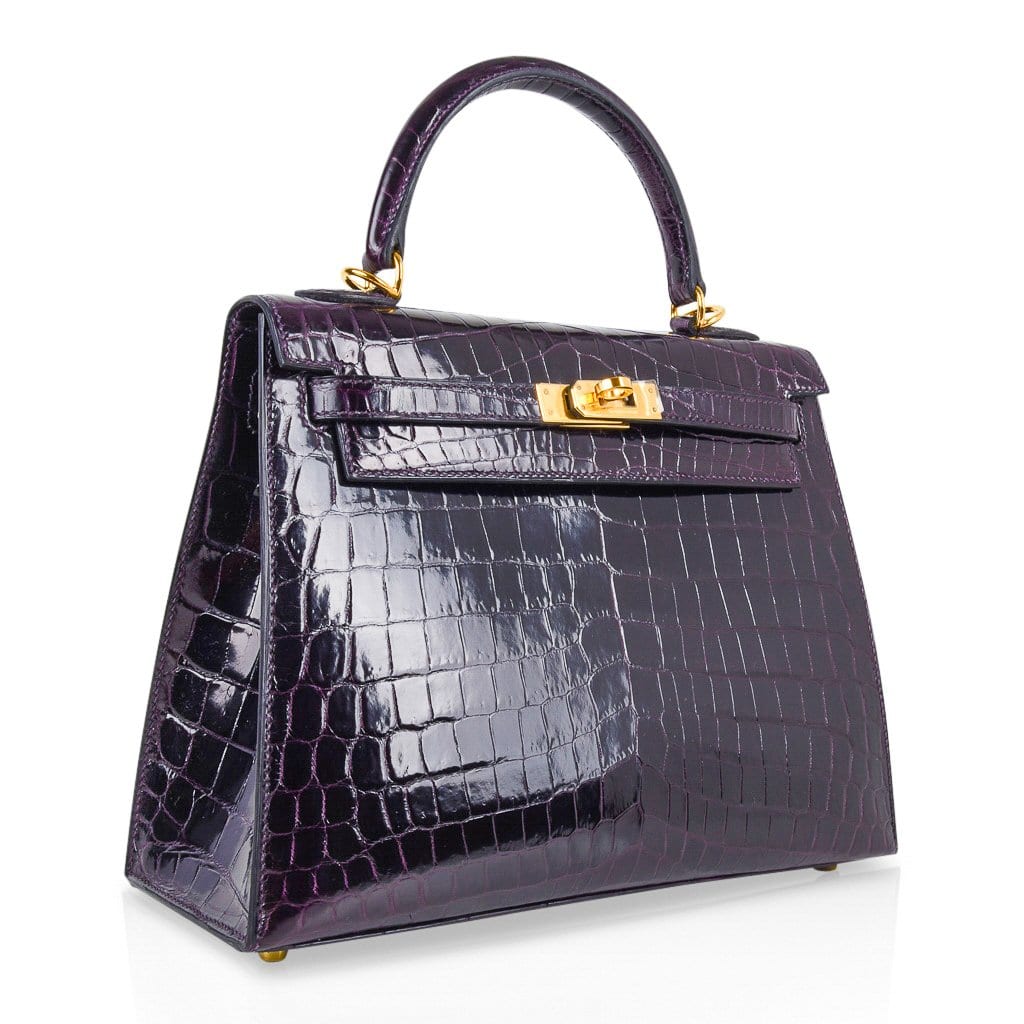 👜Kelly 25 Bag Sellier Crocodile Prunoir Gold Hardware
