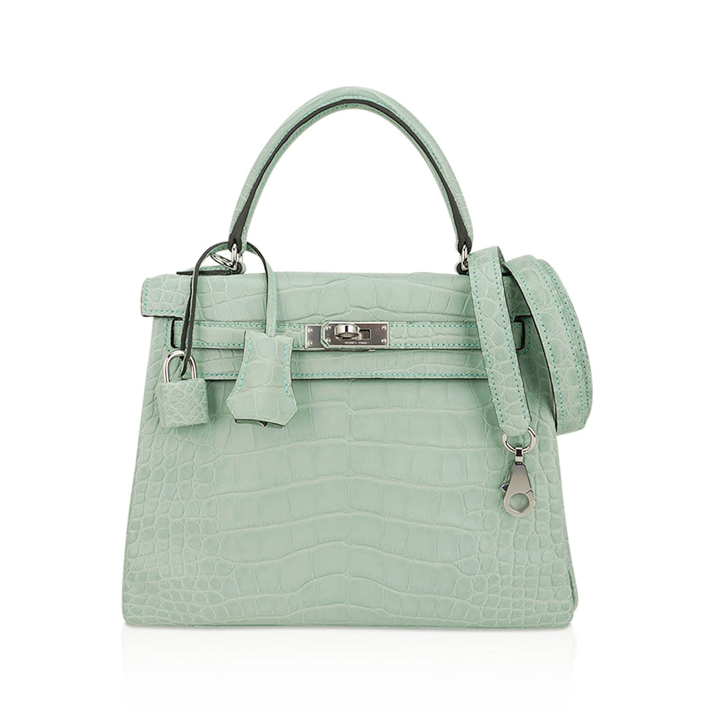 👜Kelly 25 Retourne Bag Vert d’Eau Matte Alligator with Palladium Hardware