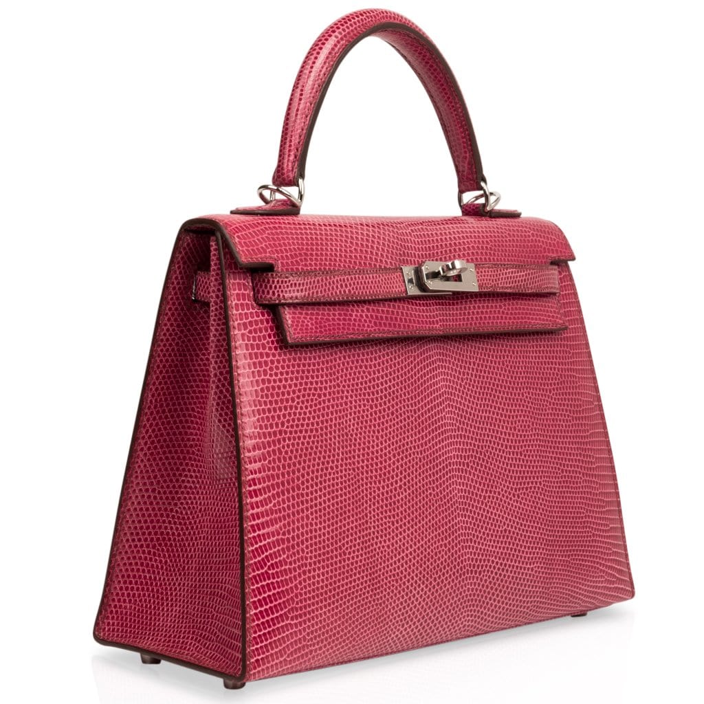 👜Kelly 25 Sellier Bag Fuschia Lizard with Palladium Hardware