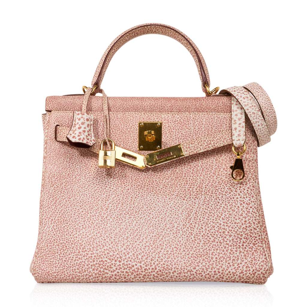 👜Kelly 28 Pink Dalmation Buffalo Skipper Leather Bag Gold Hardware