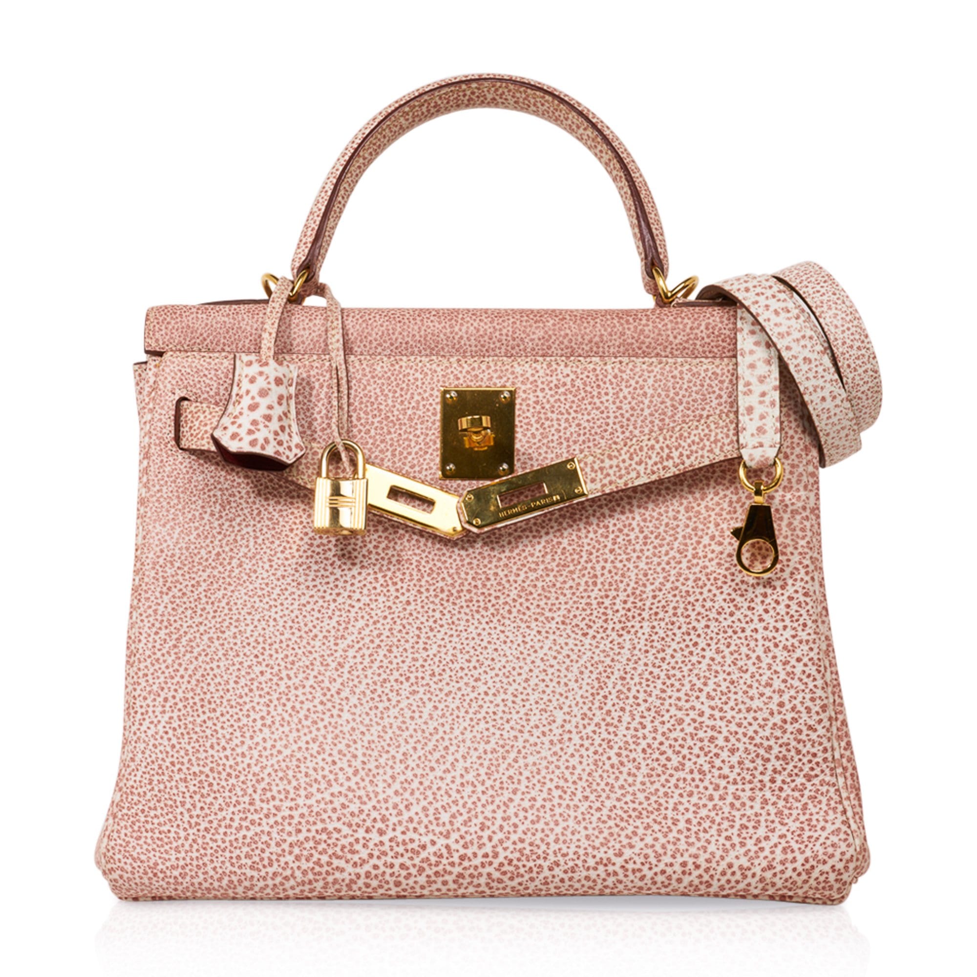 👜Kelly 28 Pink Dalmation Buffalo Skipper Leather Bag Gold Hardware
