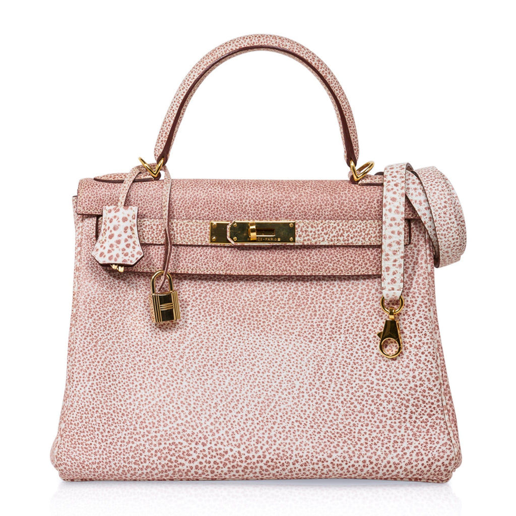 👜Kelly 28 Pink Dalmation Buffalo Skipper Leather Bag Gold Hardware