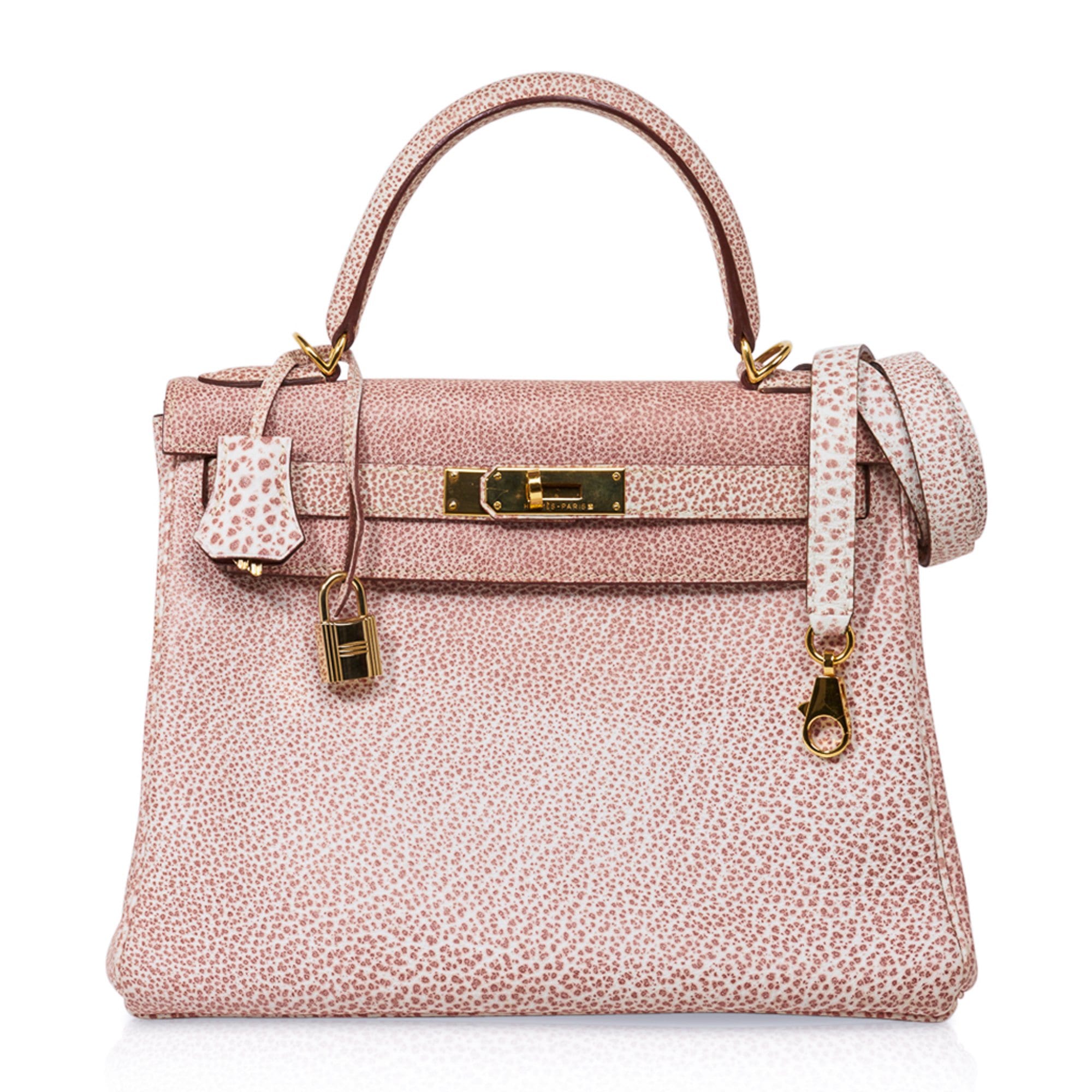 👜Kelly 28 Pink Dalmation Buffalo Skipper Leather Bag Gold Hardware