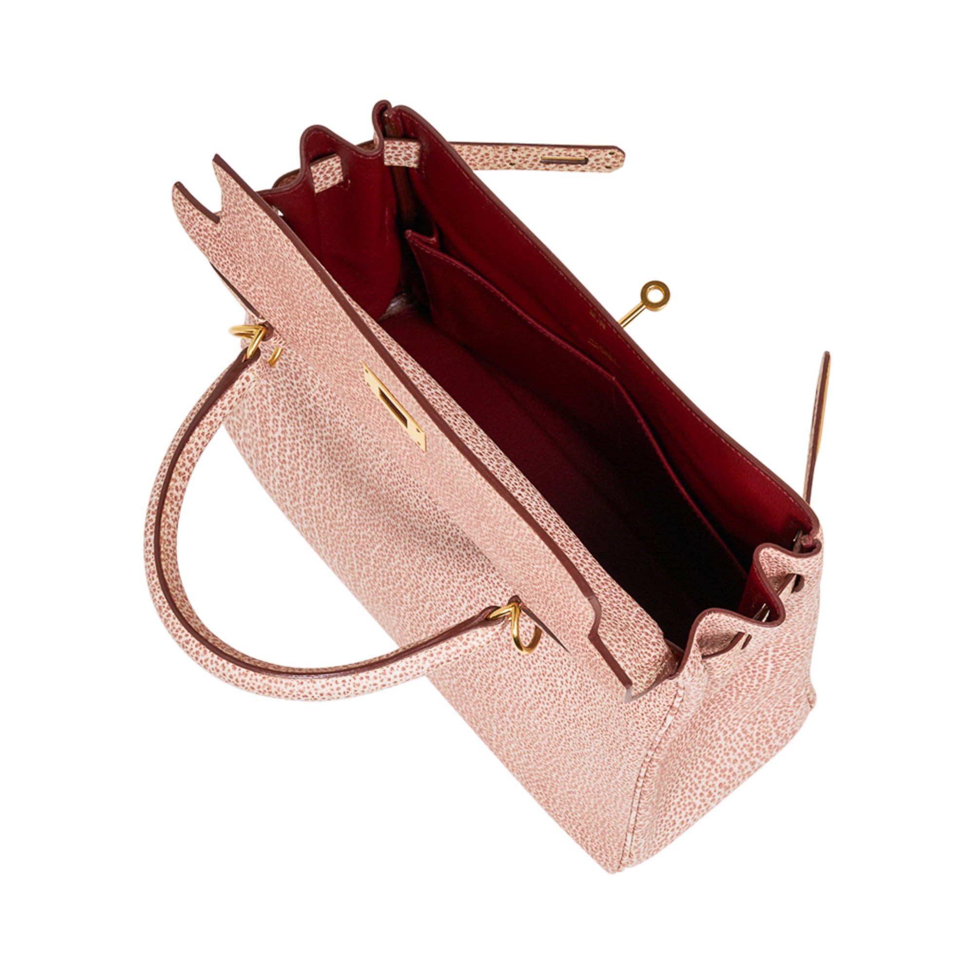 👜Kelly 28 Pink Dalmation Buffalo Skipper Leather Bag Gold Hardware