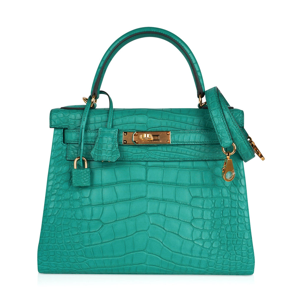 👜Kelly 28 Bag Vert Jade Matte Alligator Gold Hardware